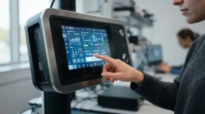 User interacting with the colour touchscreen control panel on a modern CoreXY 3D printer
