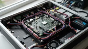 Neatly organised wiring and electronics inside the base compartment of a CoreXY 3D printer