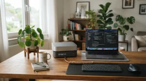 Compact desktop DLP resin 3D printer operating inside a modern design studio workspace.
