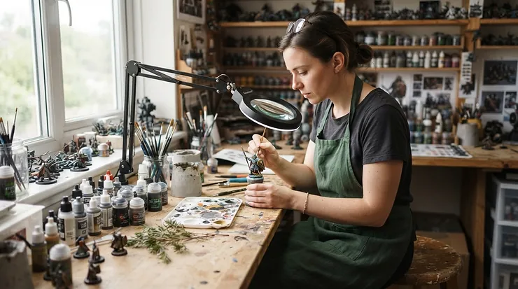 A hobbyist painting intricate tabletop miniatures produced by resin 3D printers