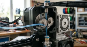 Dual-gear extruder mechanism inside a direct drive FDM 3D printer head.
