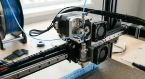 Close-up of the direct drive FDM 3D printer extruder assembly feeding flexible TPU filament.