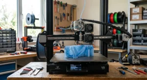 Direct drive FDM 3D printer extruding flexible filament to print a rubberised component.