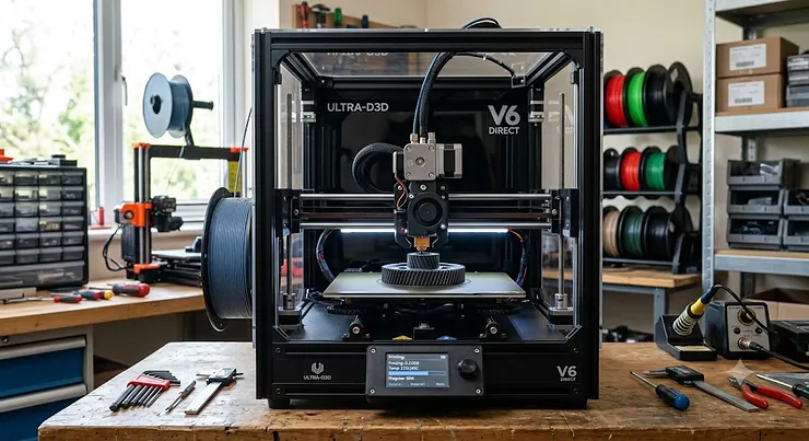 Front view of a high-precision direct drive FDM 3D printer set up in a workshop.