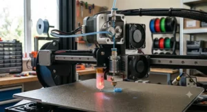 Detailed view of the hotend and nozzle on a direct drive FDM 3D printer.