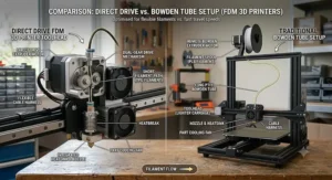 Diagram comparing a direct drive FDM 3D printer toolhead with a traditional Bowden tube setup.