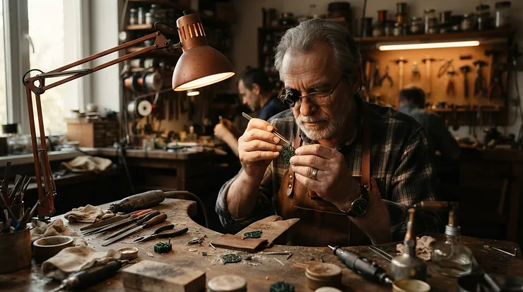 A jeweller inspecting a detailed casting created with a DLP resin 3D printer in a London studio.