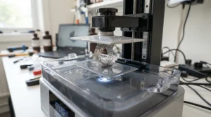 A DLP resin 3D printer crafting a detailed jewellery ring in a London studio workshop.