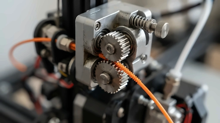 Dual gear feeder mechanism featured in a modern direct drive vs Bowden extruder 3D printer
