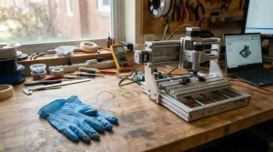 Safety equipment including nitrile gloves and a mask arranged neatly next to an entry-level resin 3D printer