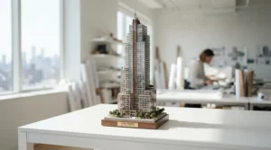A complex architectural miniature produced by a high-precision DLP resin 3D printer.