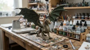 A complex dragon model with intricate wing scales fresh off a high-resolution resin 3D printer for miniatures.