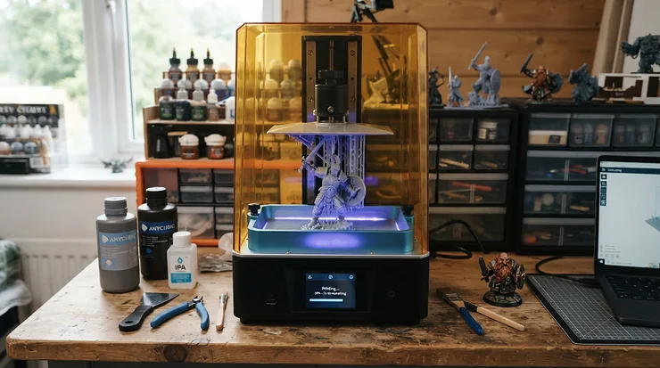 A high-resolution resin 3D printer for miniatures producing a detailed fantasy hero figurine on the build plate.