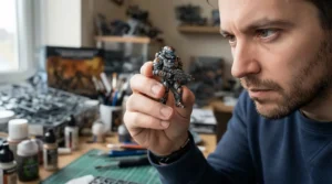 Examining the fine details of a futuristic soldier produced using a high-resolution resin 3D printer for miniatures.