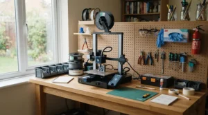 An organised hobby desk featuring tools, accessories, and a high-resolution resin 3D printer for miniatures.