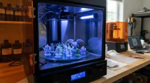 Printed gaming pieces undergoing ultraviolet post-processing beside a high-resolution resin 3D printer for miniatures.