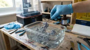 Freshly printed parts from a high-resolution resin 3D printer for miniatures being cleaned in a specialist wash basin.