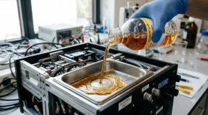 Pouring liquid photopolymer resin carefully into the metal vat of an inexpensive resin 3D printer