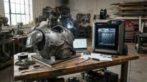 Cosplay shoulder armour pieces freshly manufactured by a large-format resin 3D printer
