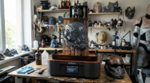 A large-format resin 3D printer creating a detailed helmet prop in a creative studio workshop