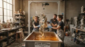 An artistic bust emerging from a large-format resin 3D printer in a bright art studio