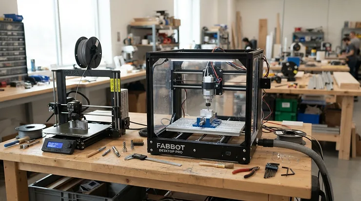 A modern MSLA resin 3D printer set up on a tidy wooden workbench in a creative home studio