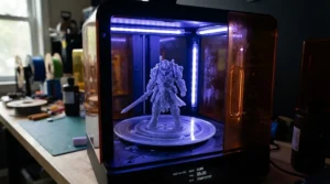 Printed miniature figurines undergoing ultraviolet post-curing for resin 3D printers