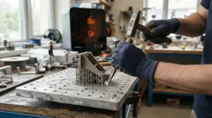 Using a metal scraper to remove a freshly printed object from a resin 3D printer build plate