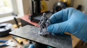 A person carefully removing a freshly printed miniature from a resin 3D printer for beginners.