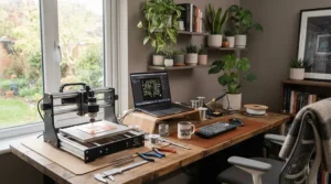 An easy-to-use resin 3D printer for beginners operating in a corner of a bright home office.