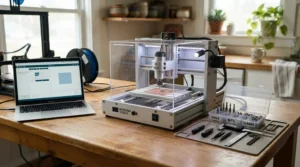 A compact resin 3D printer for beginners set up on a tidy kitchen table with cleaning tools nearby.