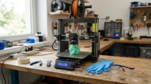 A resin 3D printer for beginners displayed alongside protective gloves and safety glasses for home use.