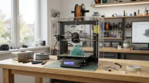 A modern resin 3D printer set up on a tidy workbench in a home studio