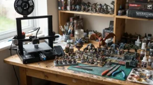 A resin printer for miniatures set up next to a painted fantasy dungeon terrain piece and miniature figures on a hobby desk.
