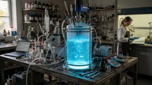 The glowing blue light of a modern resin printer for miniatures curing a layer of liquid photopolymer.