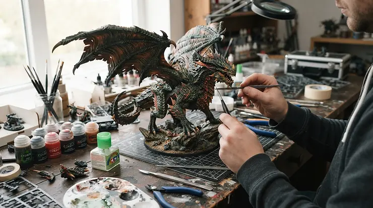 An intricate dragon sculpture built layer by layer on a professional resin printer for miniatures.
