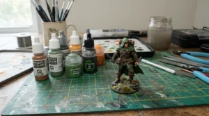 A painted fantasy rogue miniature positioned beside a modern resin printer for miniatures in a craft room.