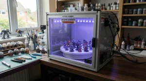Using UV curing equipment alongside a resin printer for miniatures to finalise tabletop gaming components.