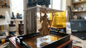 Close-up of a resin printer for miniatures building plate holding a freshly printed wizard tabletop gaming figure.