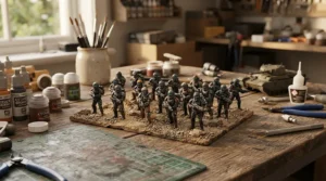 A batch of futuristic sci-fi troopers produced using a high-precision resin printer for miniatures.