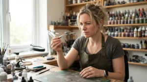 An enthusiast evaluating a resin vs FDM 3D printer for miniatures in a tidy British loft studio.