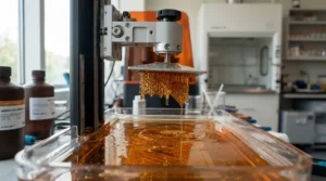 A liquid photopolymer vat during operation for a resin vs FDM 3D printer for miniatures workflow.