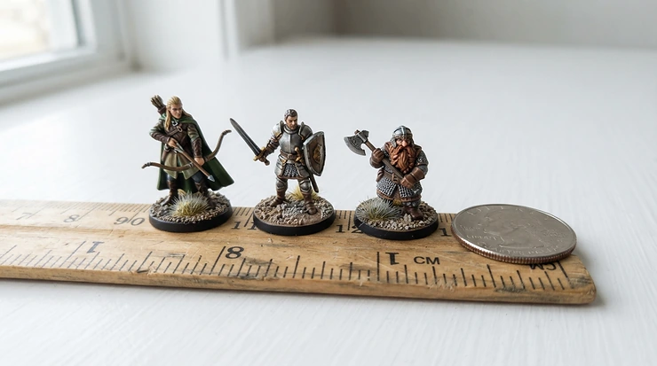 Scale comparison of models produced by a resin vs FDM 3D printer for miniatures next to a coin.