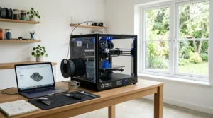 A value resin 3D printer positioned neatly on a corner desk in a modern home office